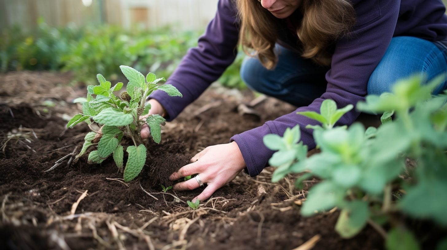 A woman inspects a mulched garden bed for mint regrowth.