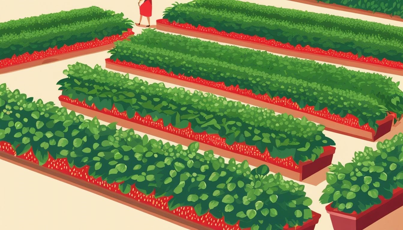 A person tending to thriving strawberry beds in a flat design.