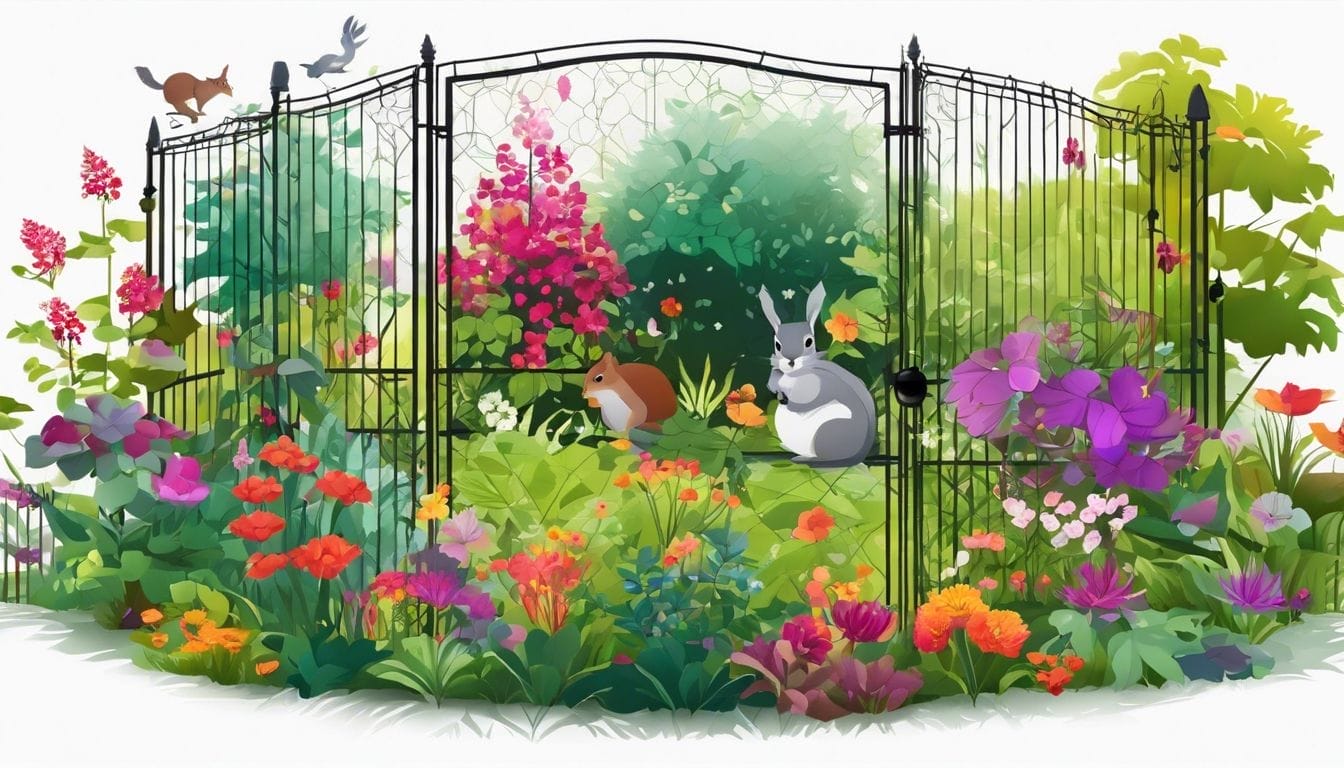 A squirrel-resistant garden with vibrant plants protected by a wire fence