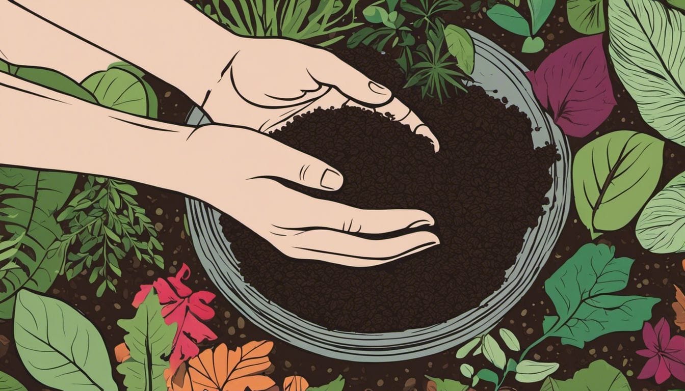 Hands cradle nutrient-rich mushroom compost amidst vibrant green plants.