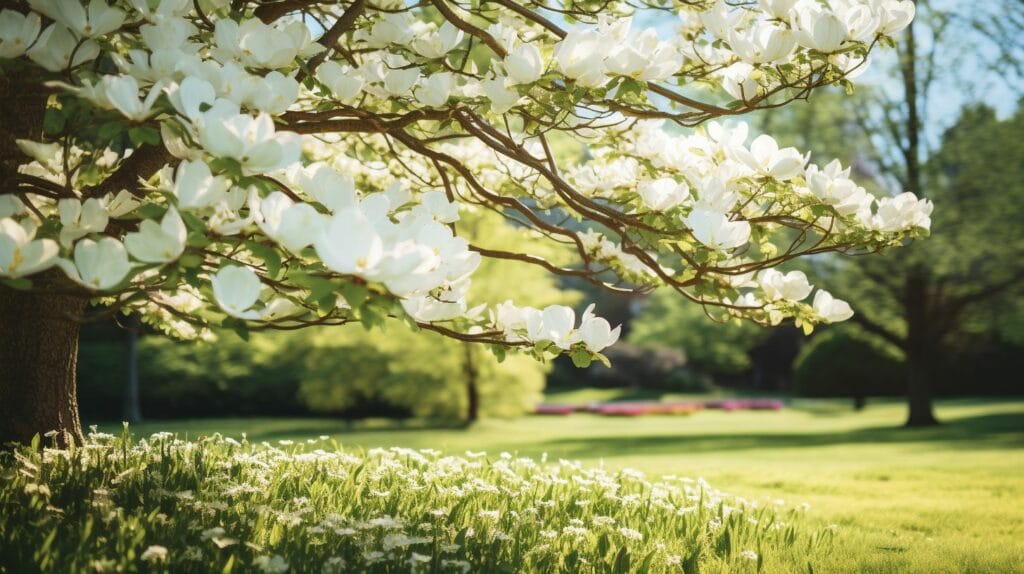 A blossoming white dogwood tree in a serene garden.