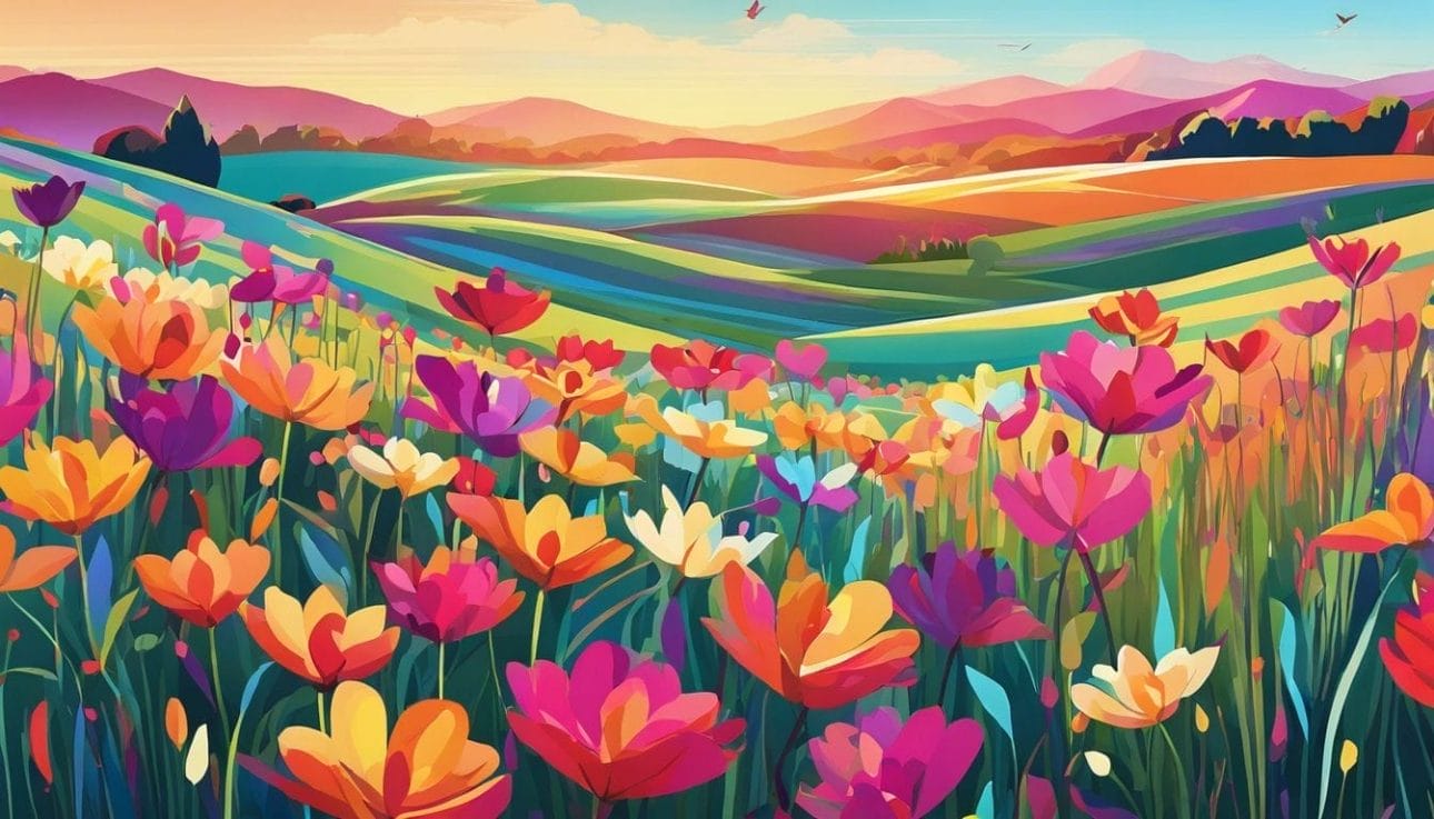 A field of vibrant, multicolored tall flowers creating a magical atmosphere