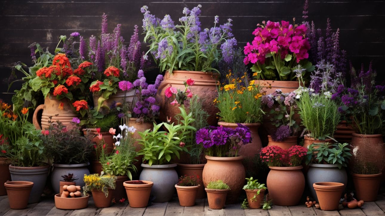 vibrant flowers and herbs in terracotta pots