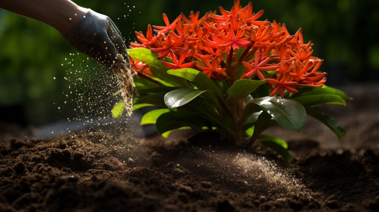 a granular fertilizer being sprinkled onto the soil