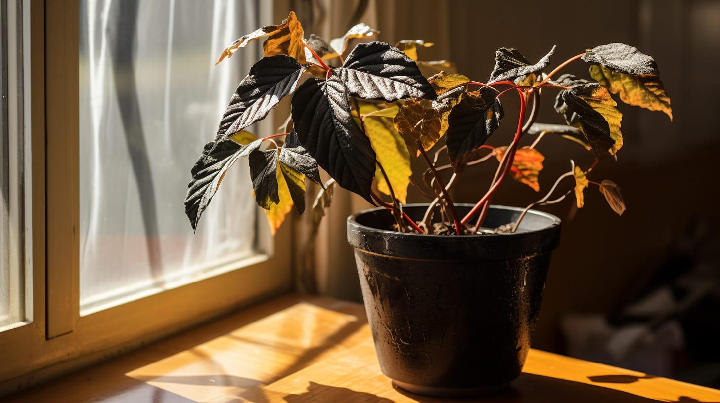 A potted plant with black leaves on a sunny windowsill