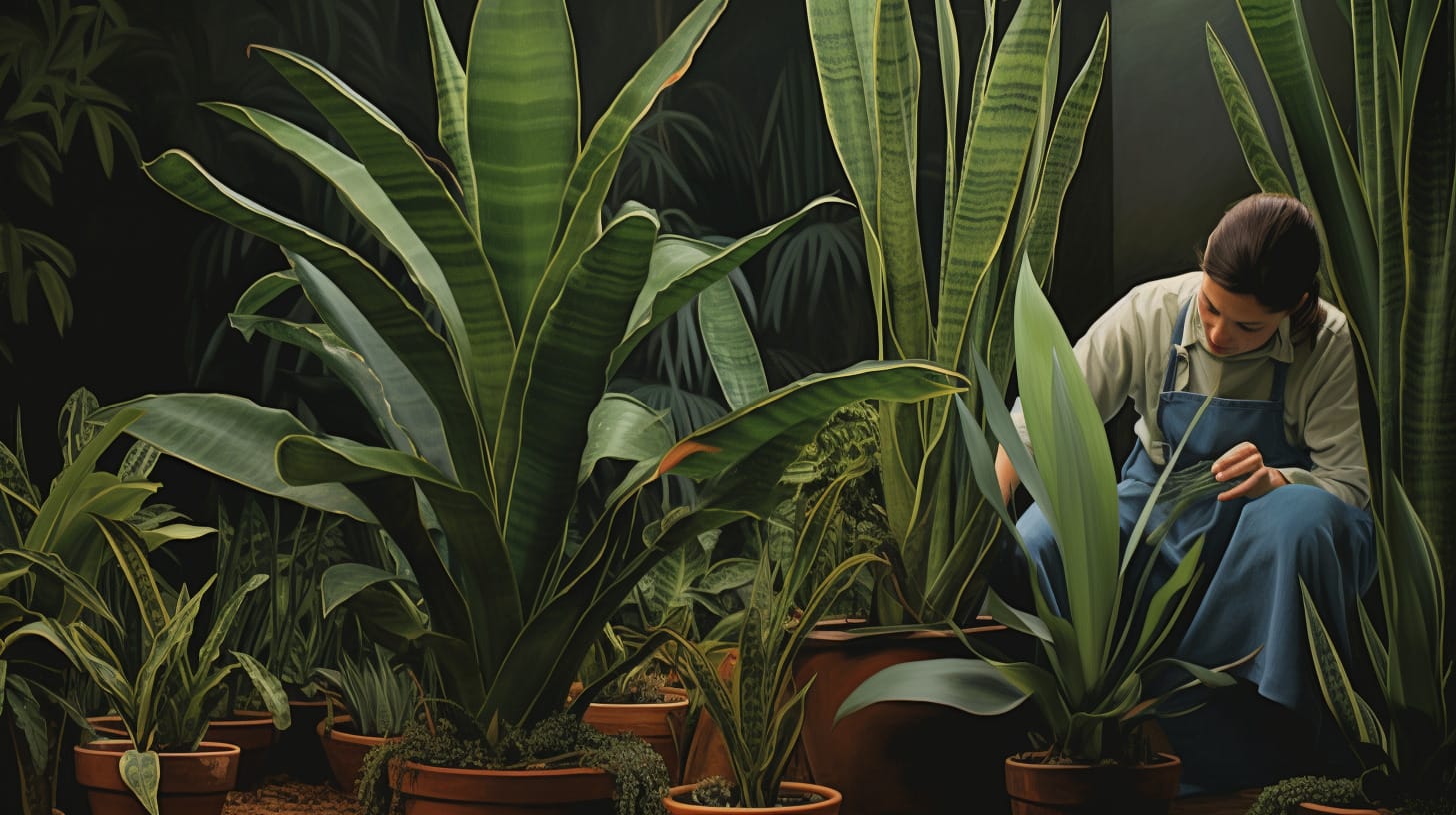 A person caring for a snake plant in a lush garden.