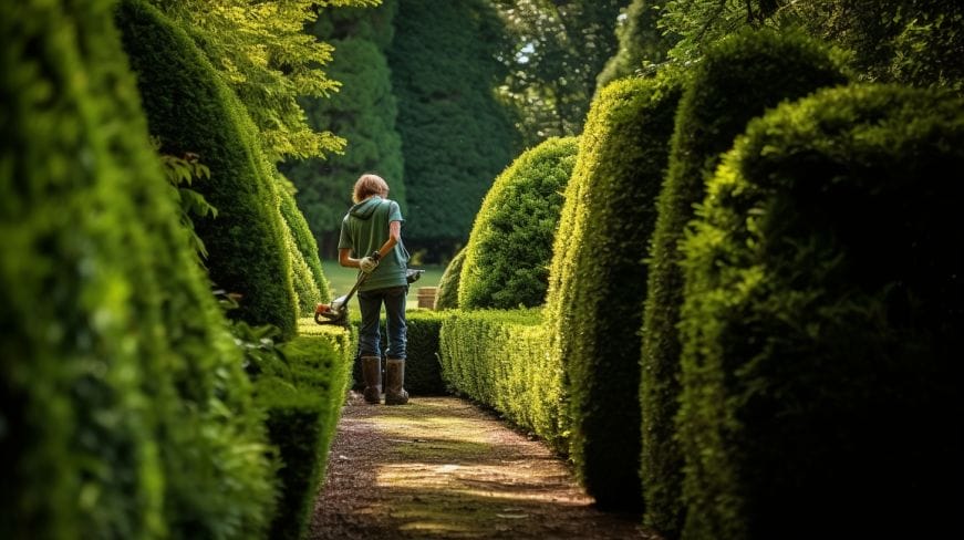 A gardener trimming and designing the thriving hedges bordering a garden.