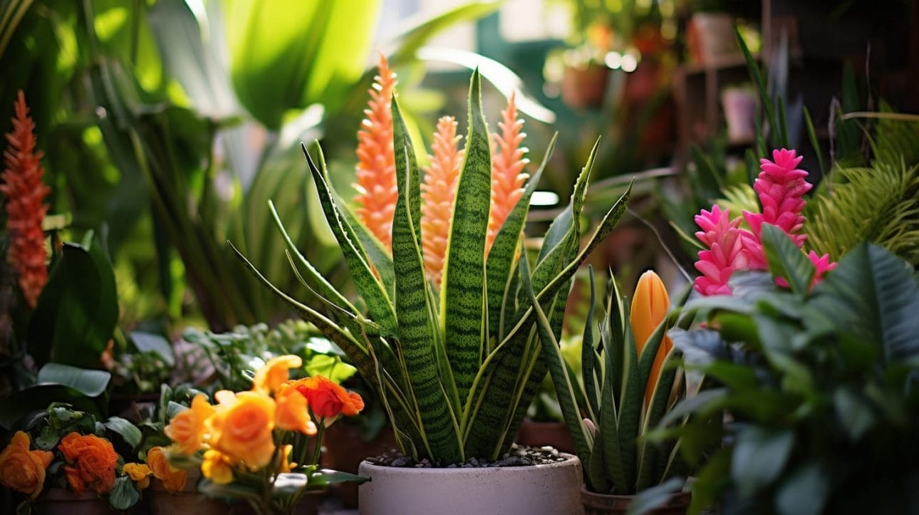 Snake plant surrounded by green leaves and vibrant flowers.