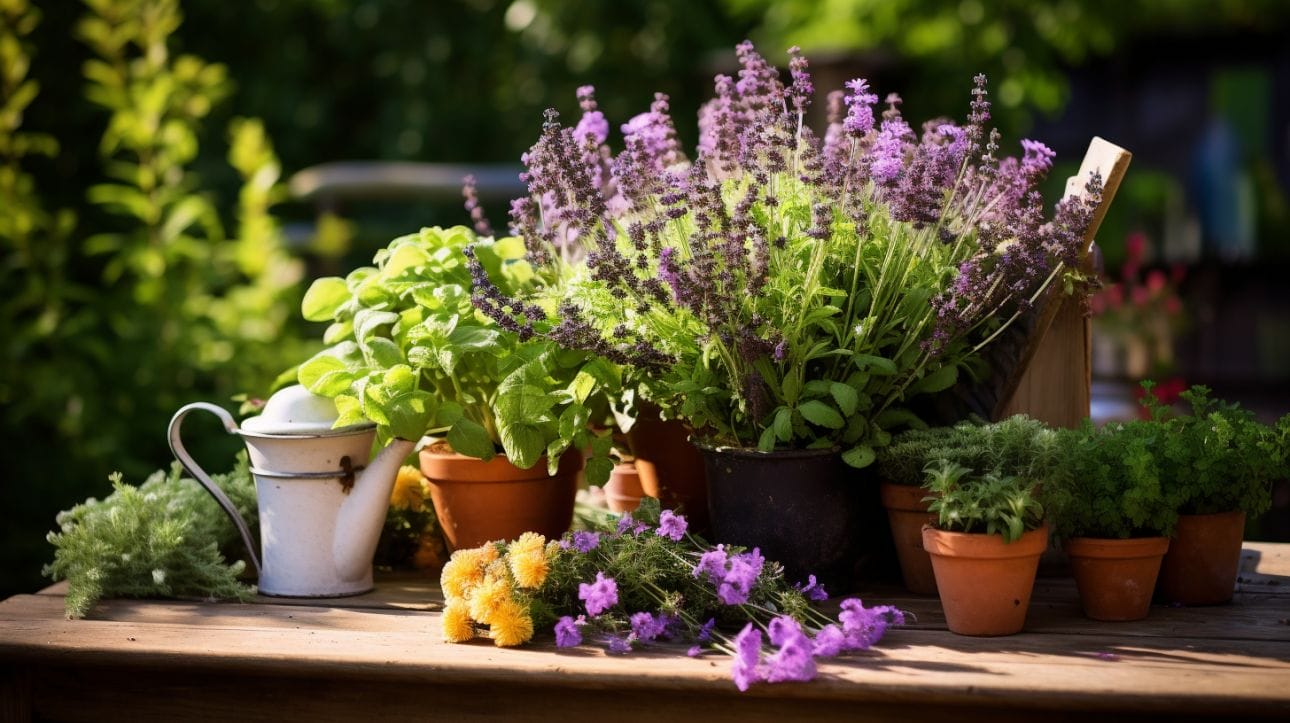 various herbs and flowers thriving together in a single pot