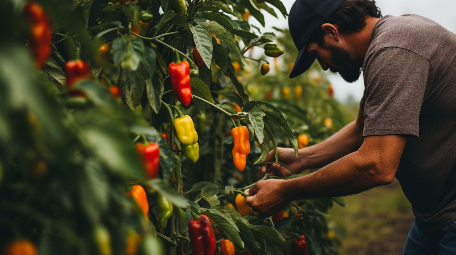 A person tends to a vibrant jalapeño plant garden with ripe peppers.