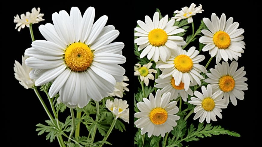 A chamomile flower and a mayweed side by side.