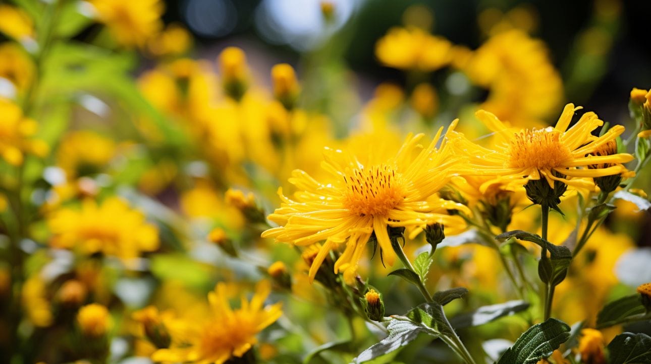 Close-up image of a towering yellow-flowered weed, spreading among native flowers in a garden