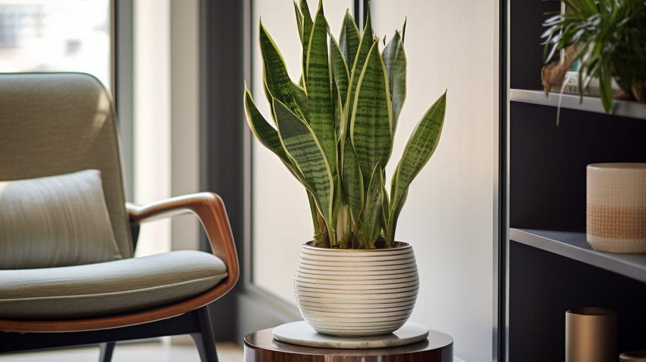 A snake plant brings contemporary design to a well-lit living room corner