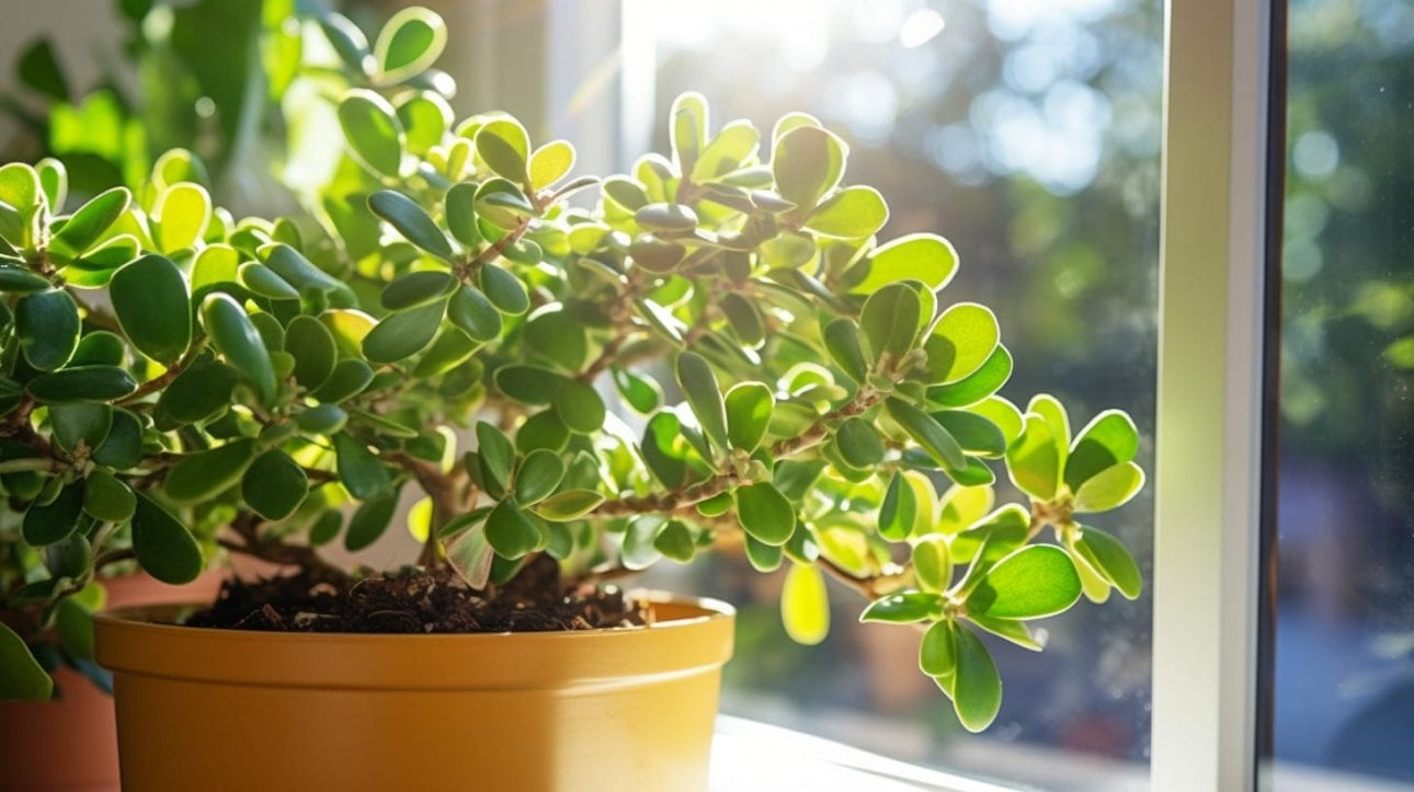 A healthy jade plant on a sunny windowsill