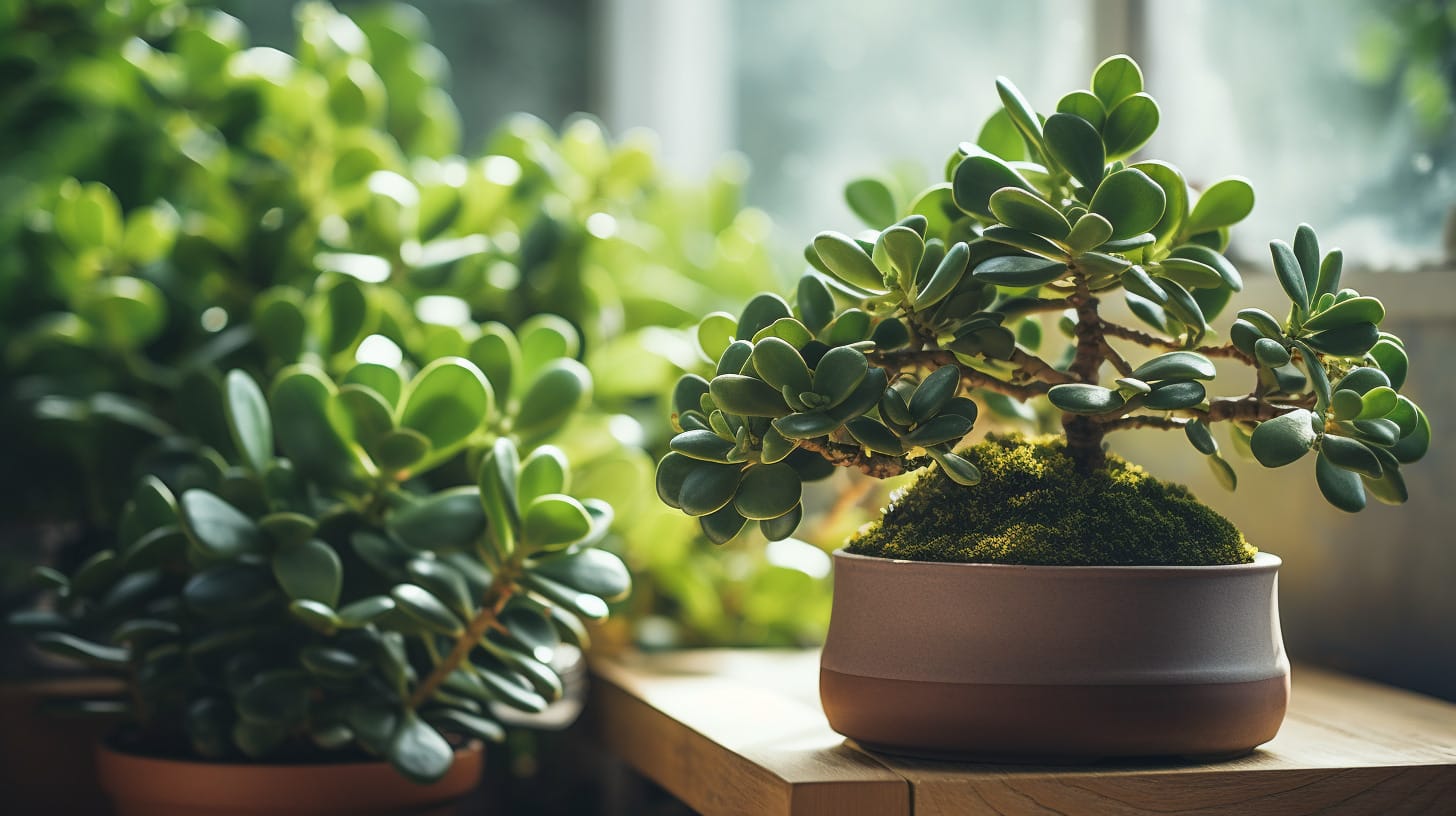 A healthy jade plant surrounded by lush greenery.