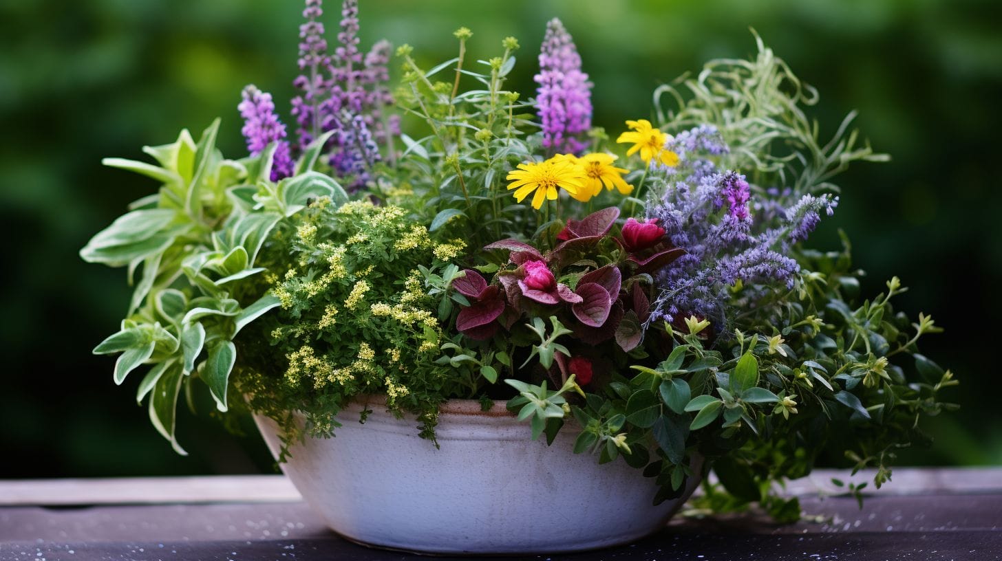 a pot containing a mix of flowering plants and herbs