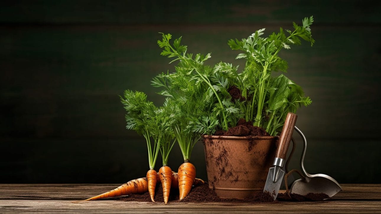 carrot plant in pot with gardening tools.