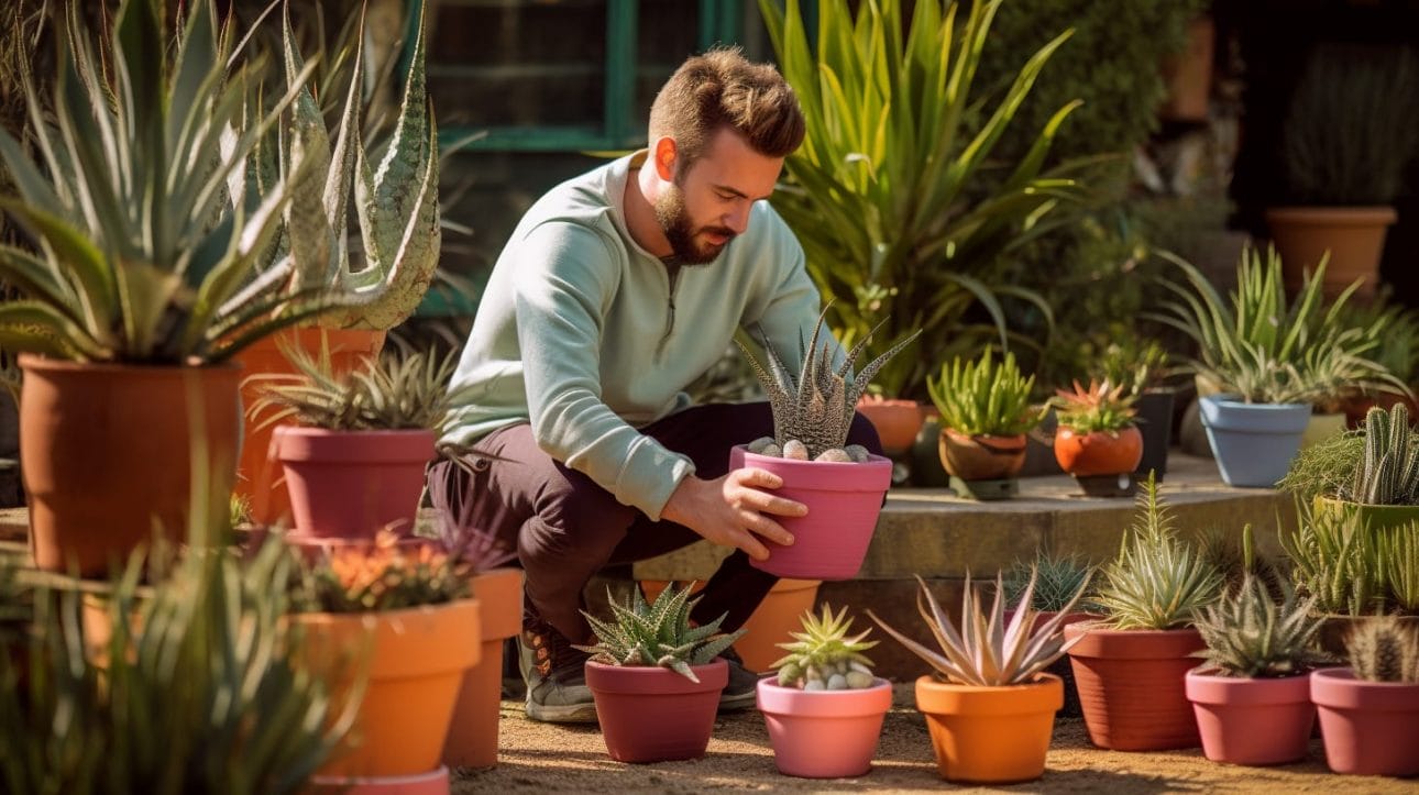 A gardener replanting Aloe plants surrounded by vibrant pots.