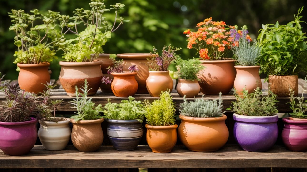 ceramic pots in different sizes and colors, each filled with mix of herbs and flowers