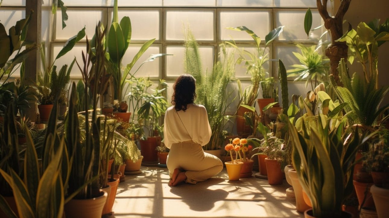A woman surrounded by lush snake plants in a sunlit room