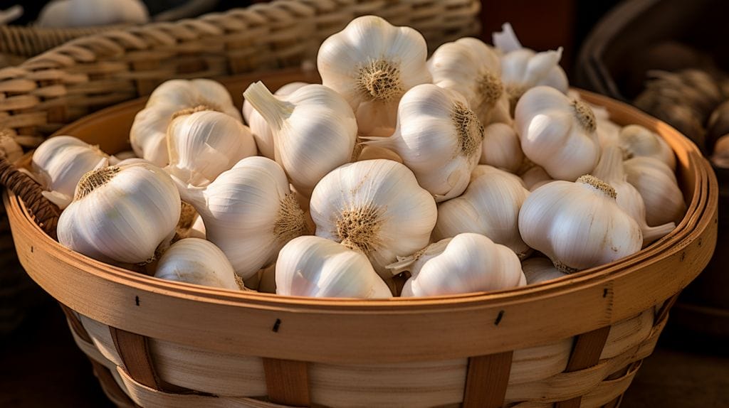 various garlic in a grocery store basket 