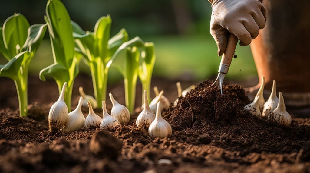 a hand planting garlic