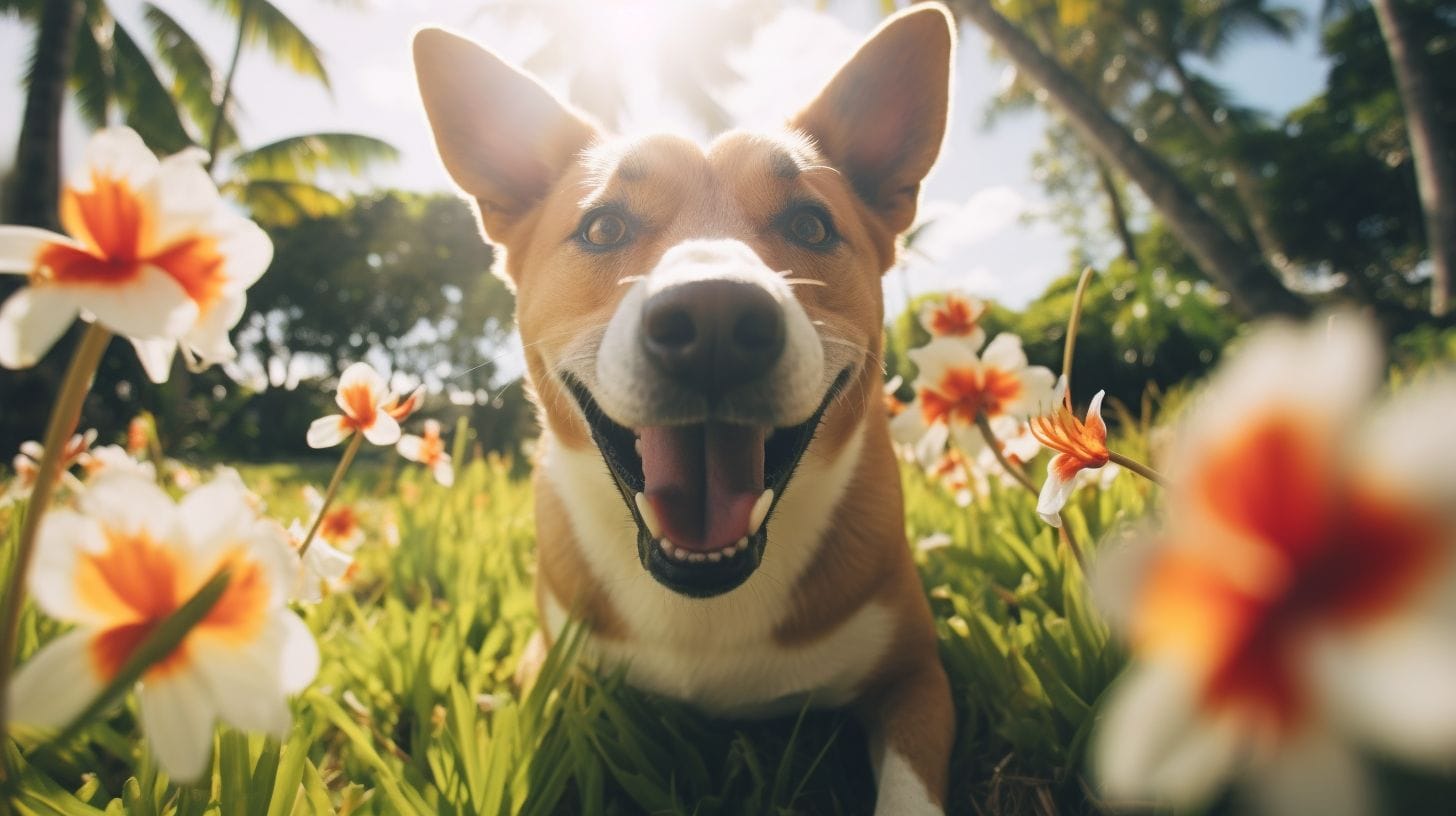 A happy dog in a tropical garden surrounded by plumerias.