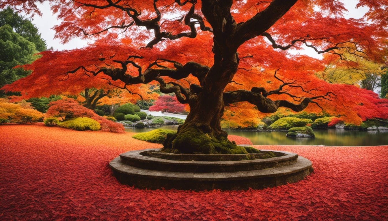 A stunning Japanese Maple tree in a serene and meticulous garden.