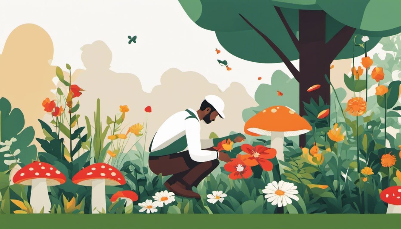 Gardener inspects lush garden nourished by mushroom compost.