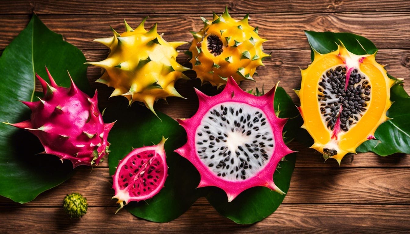 Sumptuous display of Dragonfruit and Kiwano on rustic wooden table.