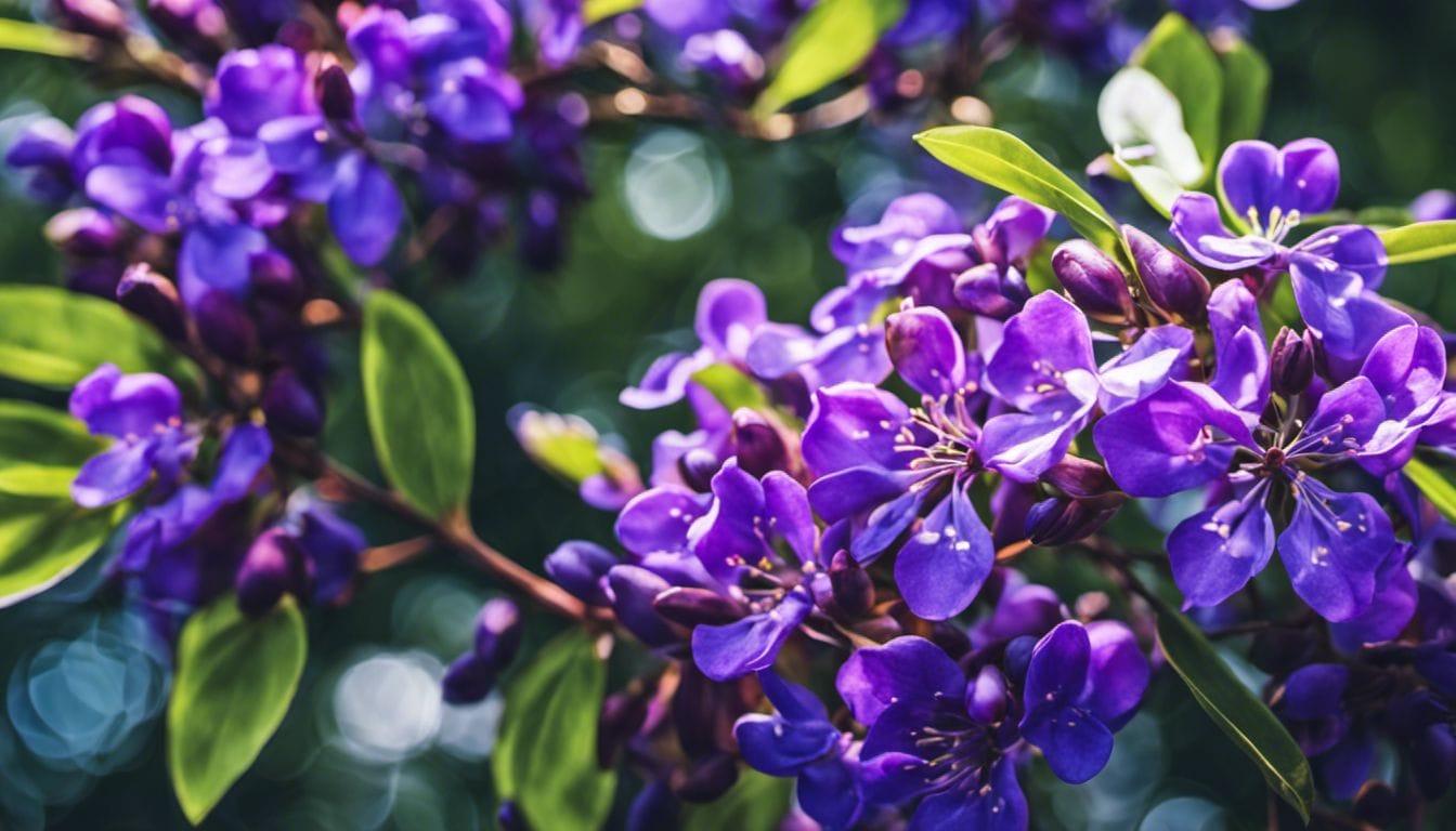 Close-up of vibrant Texas Mountain Laurel flowers in serene forest setting.
