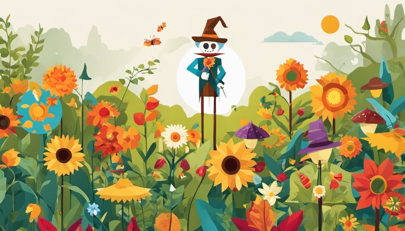 A scarecrow stands tall in a garden filled with diverse plants.
