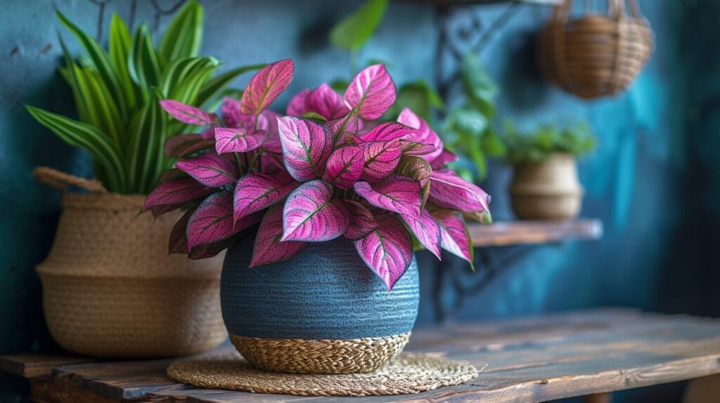 A beautiful houseplant with purple and green leaves in a stylish indoor setting.
