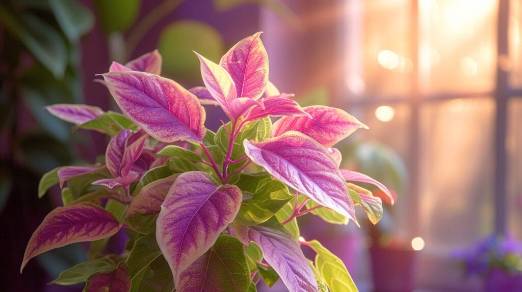 A detailed image of a lush houseplant with purple and green leaves near a sunny window.