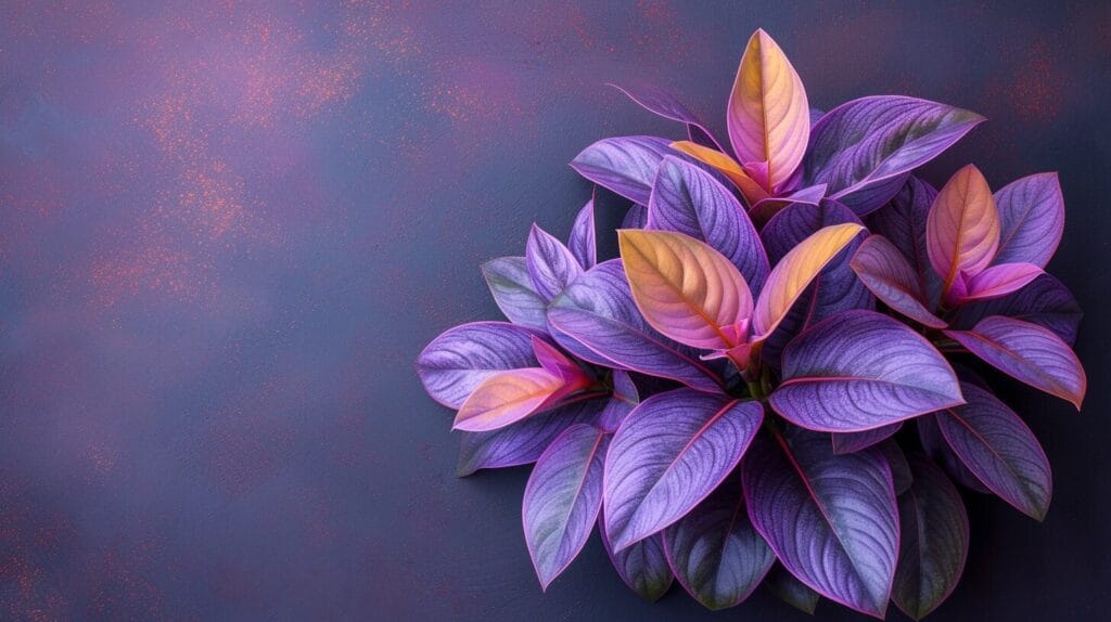 A unique, elegant houseplant with lush purple and green leaves.