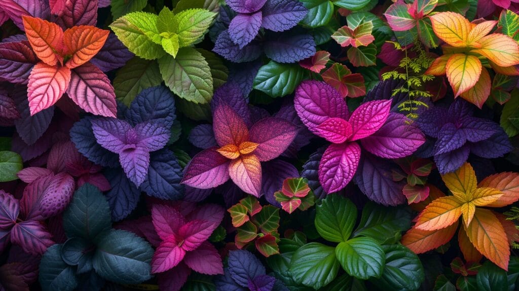 A vibrant array of popular houseplants with purple and green leaves in various shapes and textures.
