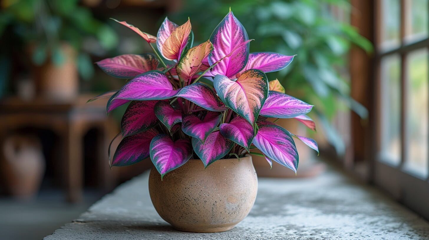 A vibrant houseplant with rich purple and lush green leaves enhancing indoor space.