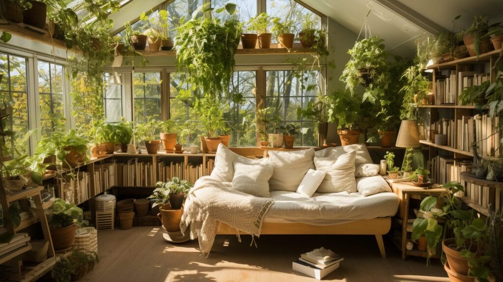 Airy room with indoor vines and sunlight.