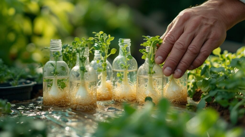 Array of water bottles with onion sprouts at various growth stages, highlighting common issues.
