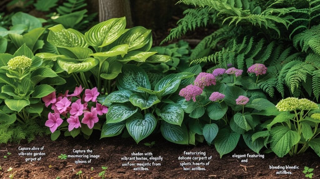 Captivating Zone 6 shade garden with vibrant hostas, elegant ferns, and colorful bleeding hearts and astilbes.
