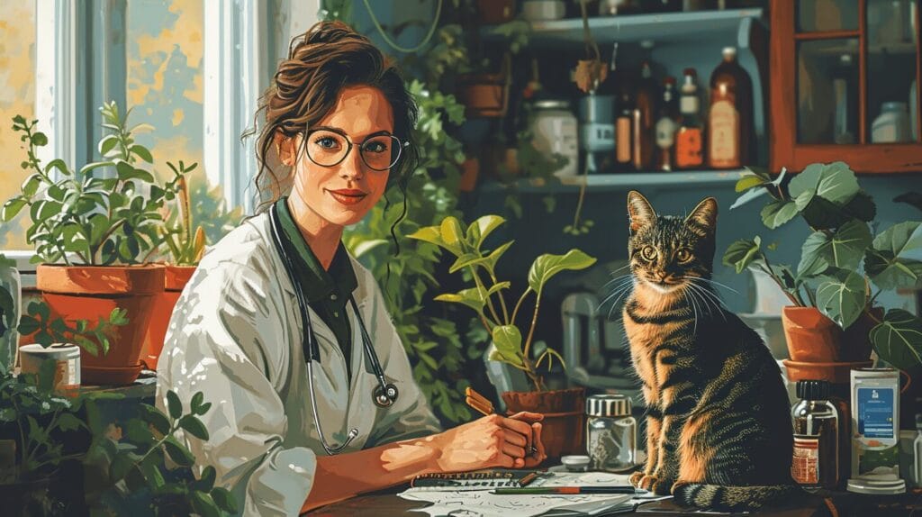 Cat owner consulting vet, cat nibbles on peperomia, pet helpline shown.