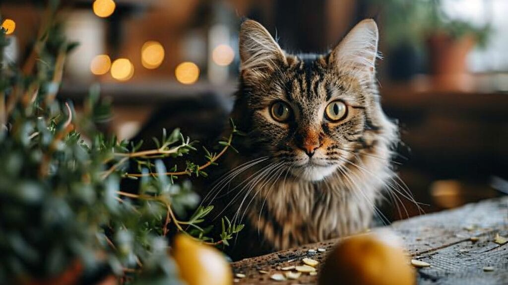Cat sniffing peperomia with lemon peels and rosemary as deterrents. Find out if peperomia plants toxic to cats.