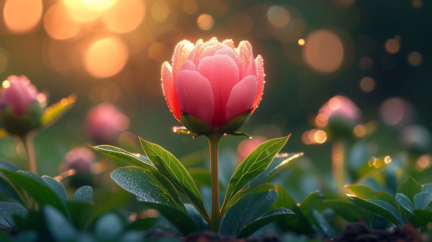 Close-up of a pink peony bud emerging from the ground with sunlight filtering through lush green foliage.
