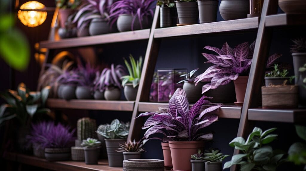 Collage of purple-leaf plants on wooden shelves with soft lighting.