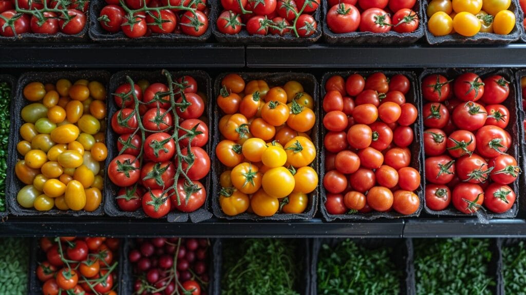 Colorful display of various tomato varieties emphasizing low acid types.