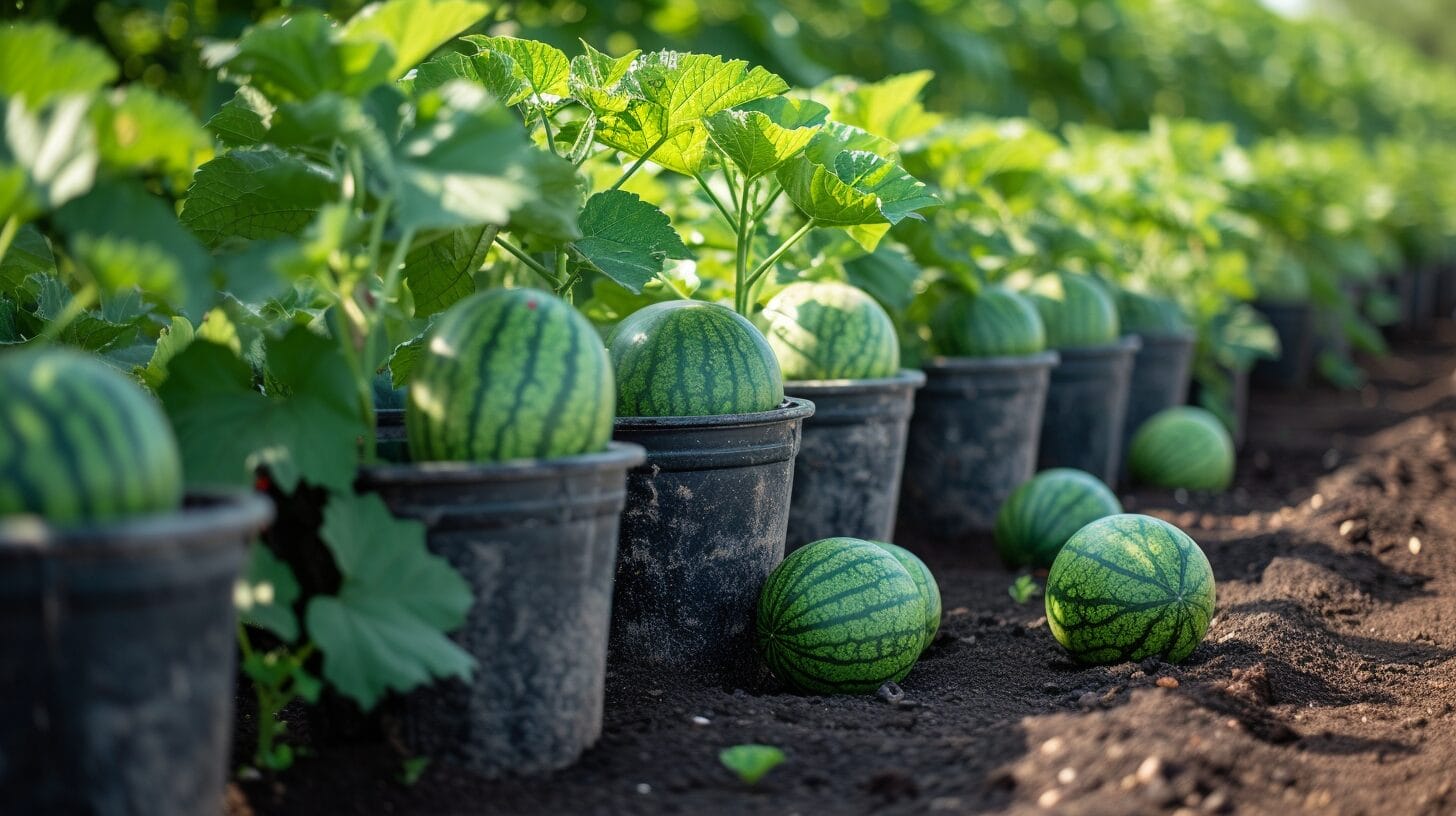 Compact urban garden with watermelons growing in buckets.