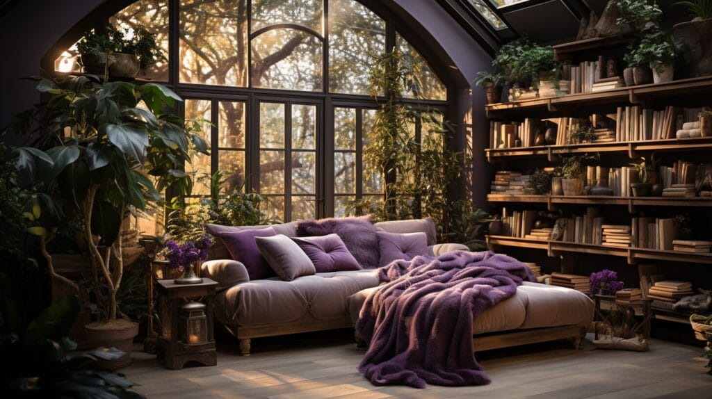 Cozy indoor space with dark purple leaf plants and green foliage.
