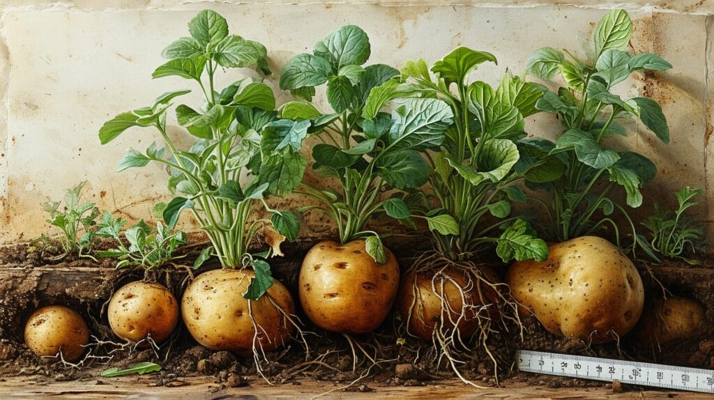 Cross-section of soil with potato plant, various-sized potatoes, and ruler for scale.