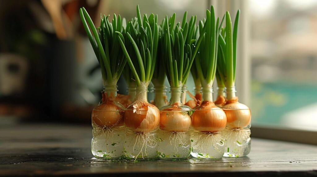 Hand process of preparing and planting onions in water bottles near a sunny window.