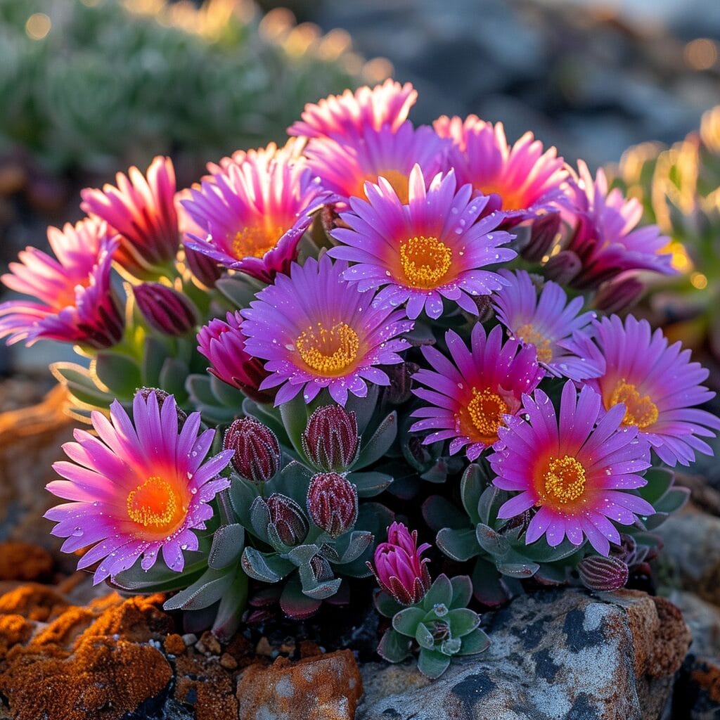 Delosperma with gardening tools on soil to grow succulent purple flowers. 